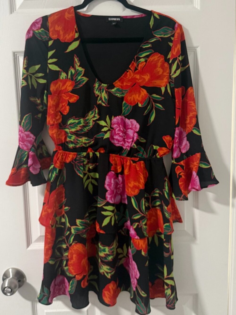 Express Floral Tiered Ruffle Bell Sleeve Mini Dress S